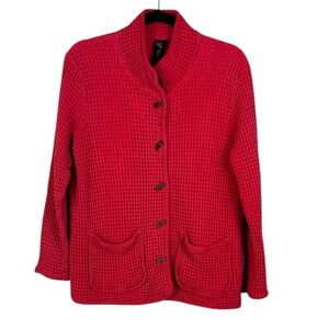 Focus Casual Life Cotton Waffle Knit Button Front Collared Shacket Top Small Red